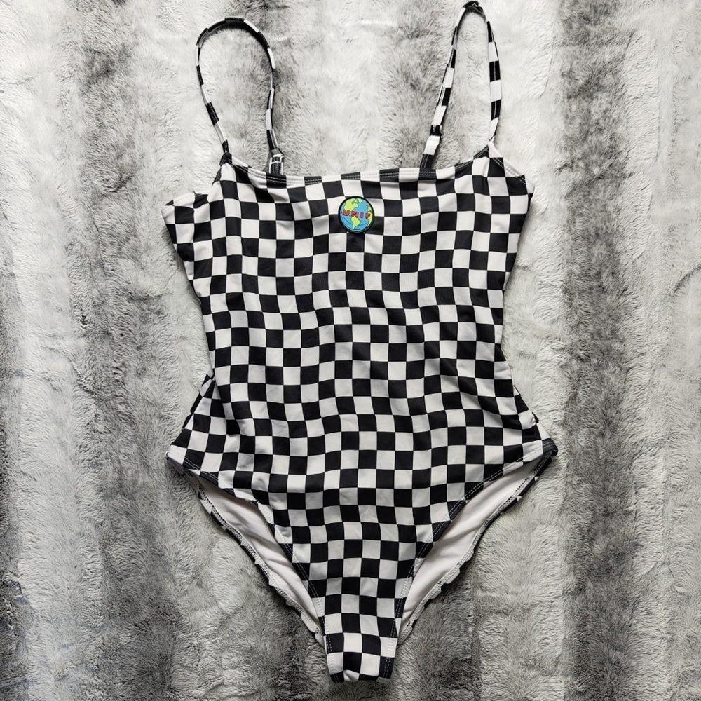 Rare UNIF Checkered Black White Spaghetti Strap One Piece Bathing Suit Large